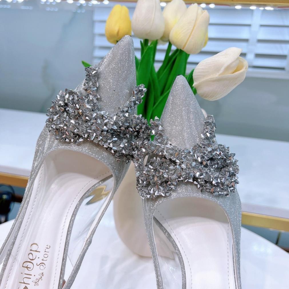Giày cao gót nữ 9 phân kim tuyến phối mika đính nơ, giày sandal nữ 9cm Thanh Thảo Store mã U50
