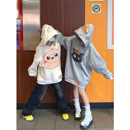 Áo Hoodie Lông Cừu Dáng Rộng Họa Tiết Hoạt Hình anime Thời Trang Thu Đông Dành Cho Nam Và Nữ