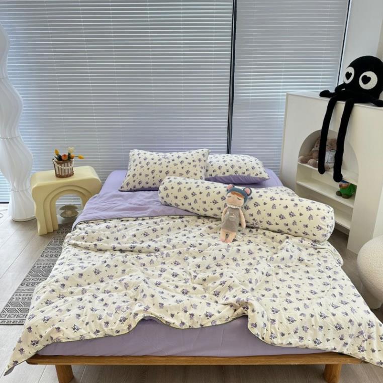 Bộ đũi 5 món ga gối kèm vỏ gối ôm chăn trần bông cotton đũi đậu nành mát mịn