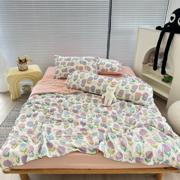 Bộ đũi 5 món ga gối kèm vỏ gối ôm chăn trần bông cotton đũi đậu nành mát mịn