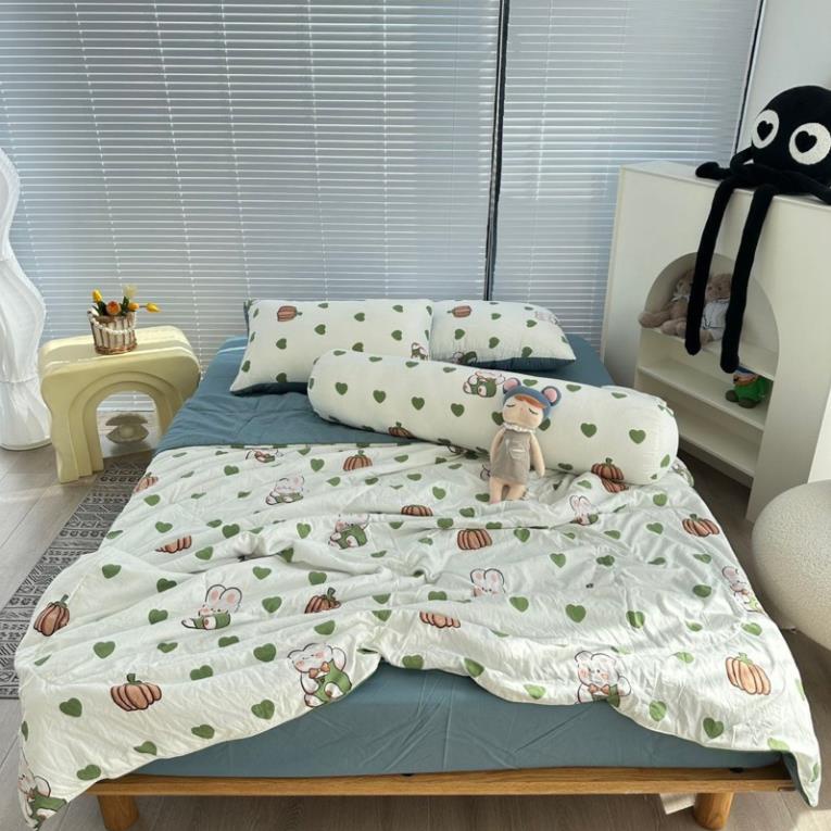 Bộ đũi 5 món ga gối kèm vỏ gối ôm chăn trần bông cotton đũi đậu nành mát mịn