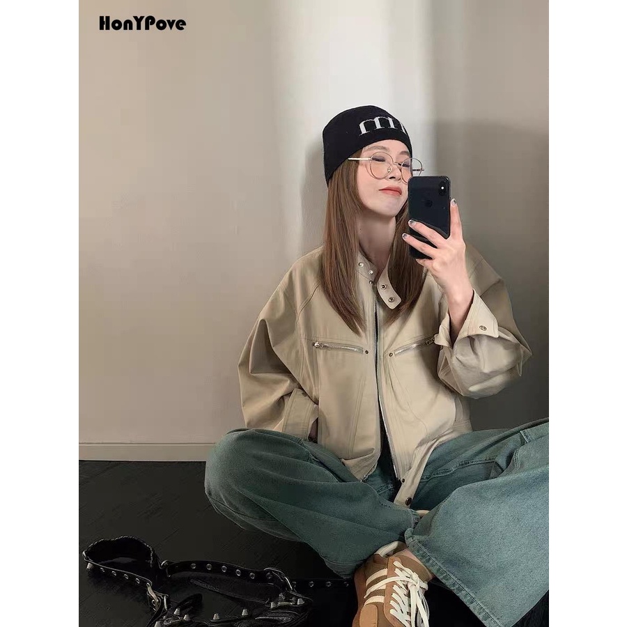 Honypove Áo Khoác Có Khóa Kéo Phong Cách retro Thời Trang Mùa Thu Hàng Mới 2023 Dành Cho Bạn Nữ