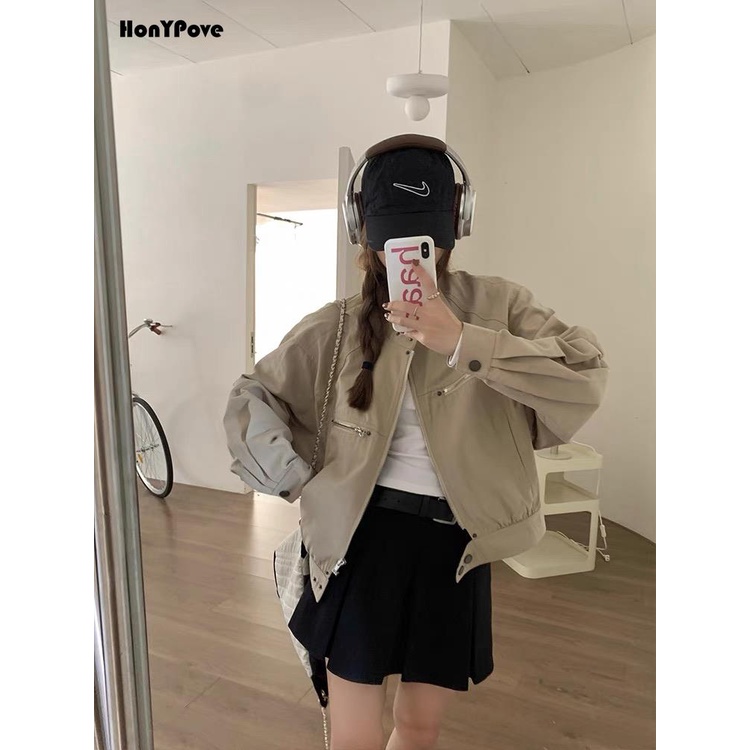 Honypove Áo Khoác Có Khóa Kéo Phong Cách retro Thời Trang Mùa Thu Hàng Mới 2023 Dành Cho Bạn Nữ