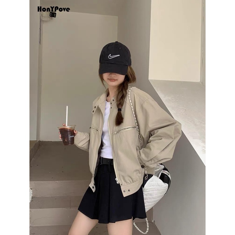 Honypove Áo Khoác Có Khóa Kéo Phong Cách retro Thời Trang Mùa Thu Hàng Mới 2023 Dành Cho Bạn Nữ