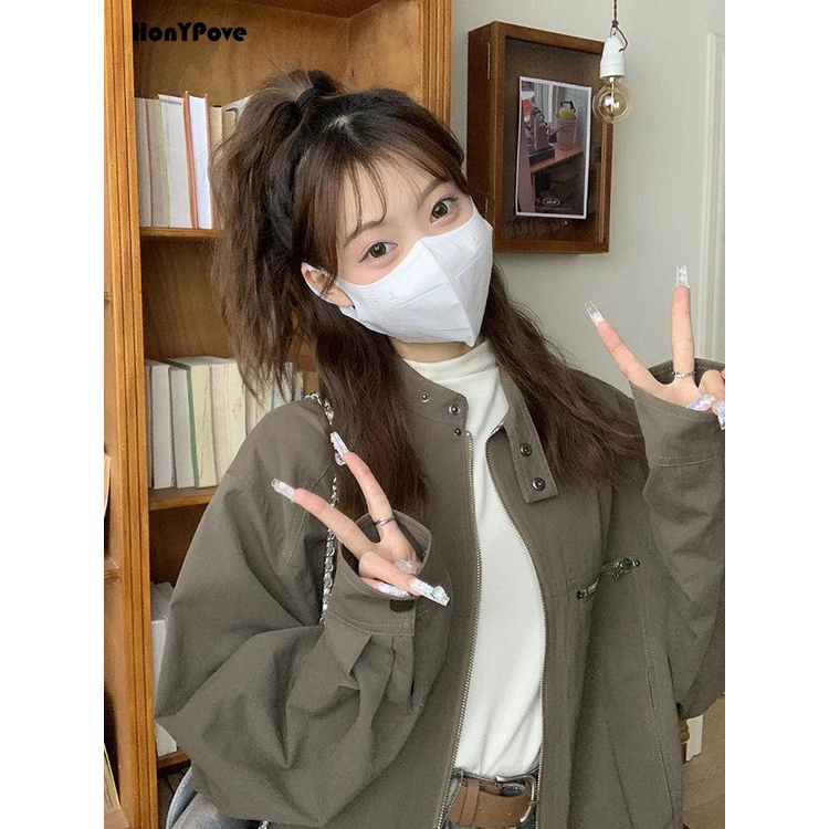 Honypove Áo Khoác Có Khóa Kéo Phong Cách retro Thời Trang Mùa Thu Hàng Mới 2023 Dành Cho Bạn Nữ