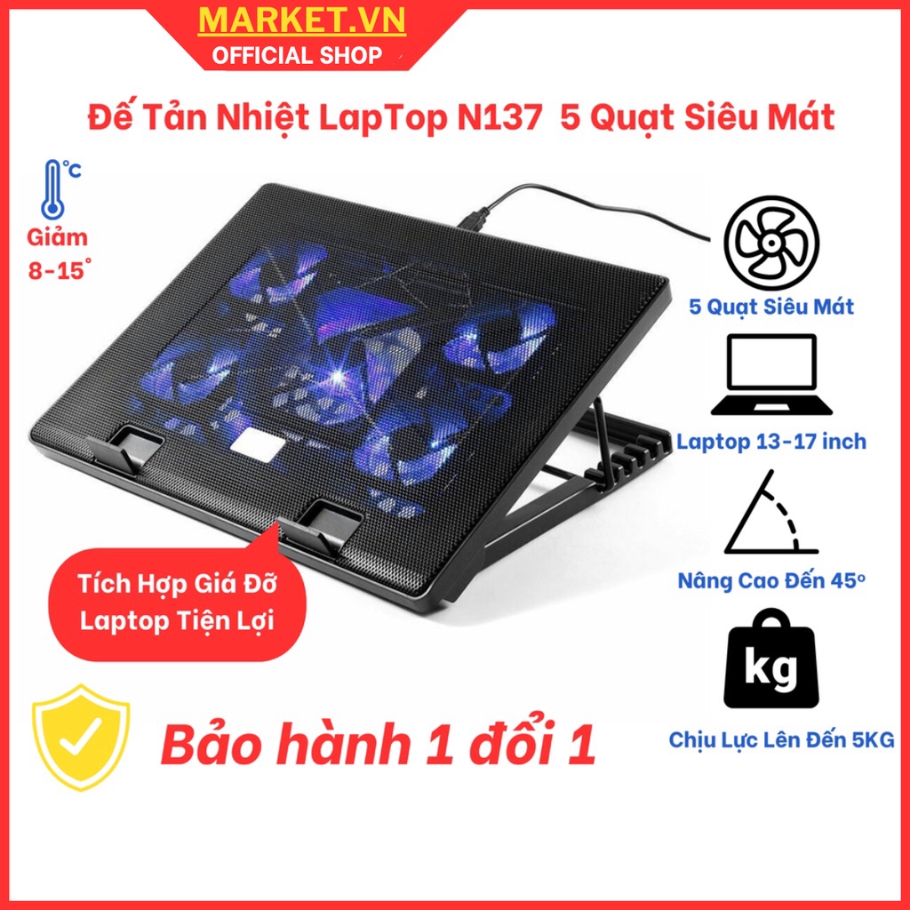 Quạt tản nhiệt, đế tản nhiệt 5 quạt cho Laptop 10 đến 17inch có nâng cao 45 độ tiện lợi
