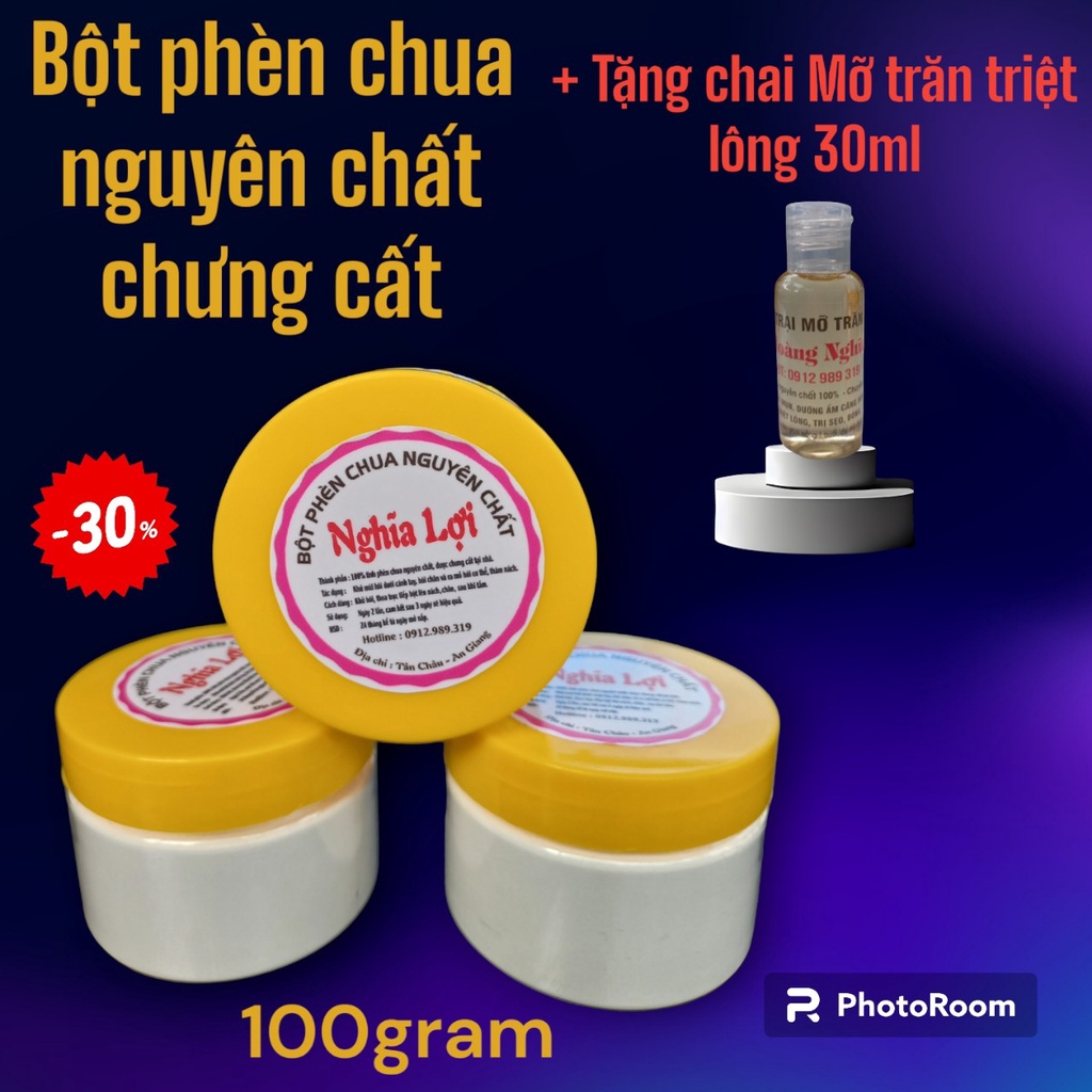 100gram Bột phèn chua nguyên chất chưng cất tại nhà, khử mùi hôi nách, tay chân, tặng kèm chai 30ml Mỡ trăn triệt lông