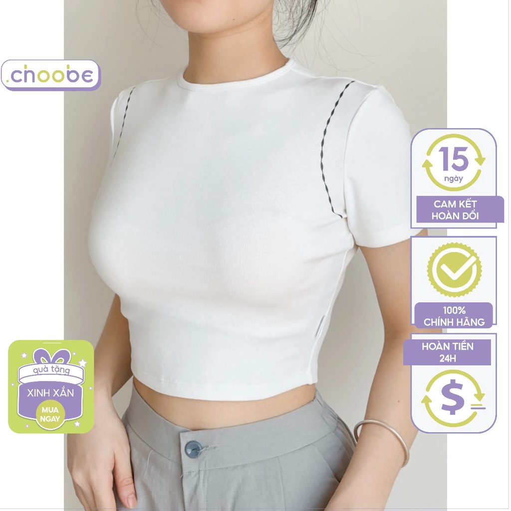 Áo croptop Choobe phông thun nữ cổ tròn vải cotton co giãn dáng ôm kẻ viền tay A91