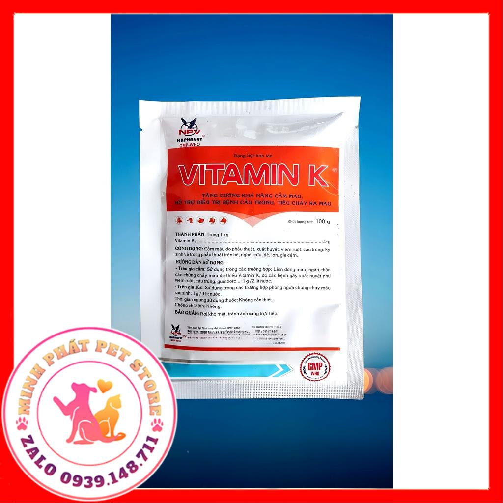 VITAMIN K GÓI 100g Cung cấp vitamin K, giúp cầm máu nhanh Dùng tốt khi cắt mỏ, cắt đuôi, thiến lợn, chó, mèo