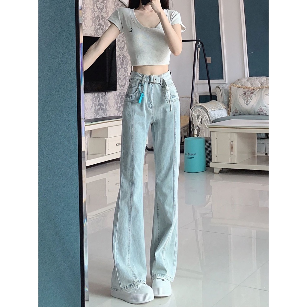Jiashucheng Quần Jean Lưng Cao Dáng Ôm Màu Xanh Nhạt Thời Trang Xuân Thu Dễ Phối Đồ Cho Nữ