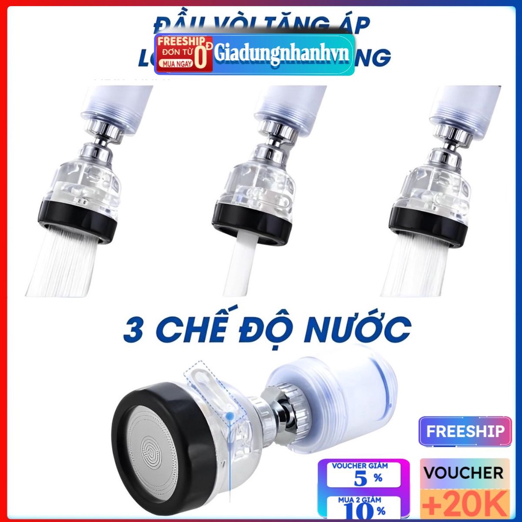 Đầu vòi lọc nước tăng áp 3 chế độ - Vòi rửa bát, Vòi rửa mặt, Lọc vòi sen xoay 360 độ - Giadungnhanh