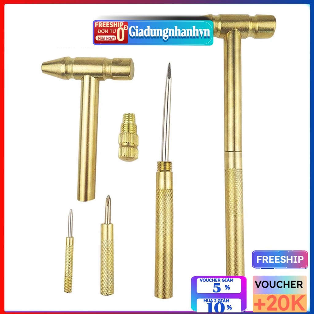 Búa Đồng Mini Cầm Tay 5 Trong 1 chất liệu Thép Không Gỉ Mạ Đồng, Búa đa năng Kèm Tua Vít - Giadungnhanh.vn