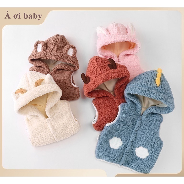 Áo khoác gile có mũ trần bông giả lông cừu nhung mùa thu đông cho bé