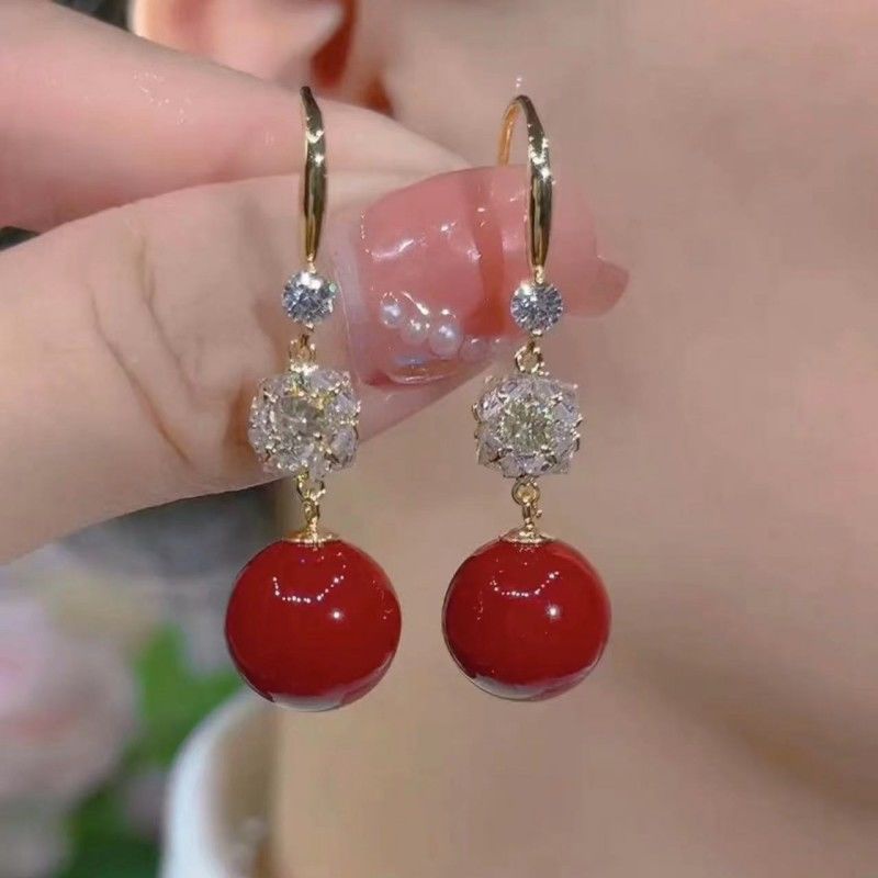 Khuyên Tai Đính Ngọc Trai Đỏ Phong Cách retro Thời Trang Thu Đông Mới 2023 F10.166