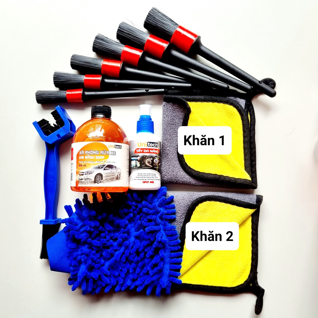 Combo 11 món rửa xe & rửa sên tại nhà, Nước rửa xe, tẩy đa năng, tẩy dầu nhớt, nhông sên & phụ kiện rửa xe đầy đủ