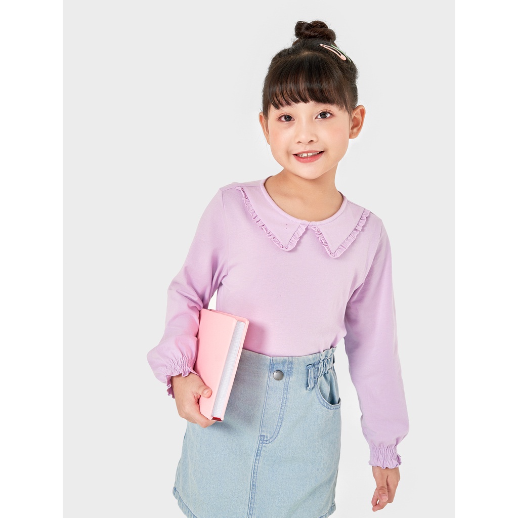 Áo phông bé gái CANIFA dài tay cotton cổ bẻ màu tím trắng 1TL22W012