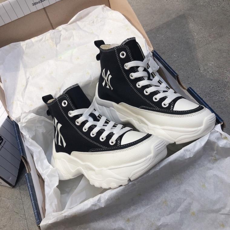 Giày Mlb chunky high low vải đen trắng   giày thể thao mlb đế cao 6cm hót trend 2023