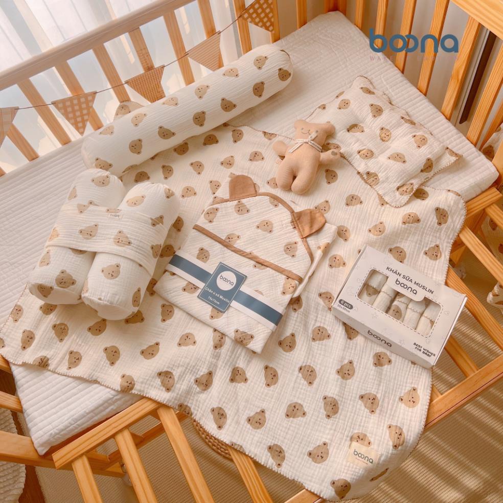 Combo sơ sinh Boona cho bé trai, bé gái gồm 8 sản phẩm muslin cao cấp, khăn tắm, ủ choàng, gối sơ sinh, gối ôm, khăn sữa
