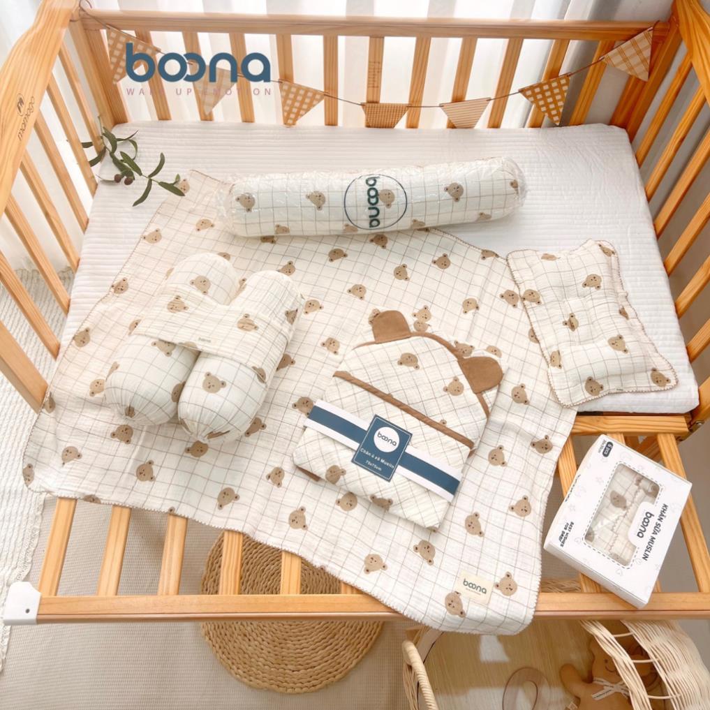 Combo sơ sinh Boona cho bé trai, bé gái gồm 8 sản phẩm muslin cao cấp, khăn tắm, ủ choàng, gối sơ sinh, gối ôm, khăn sữa