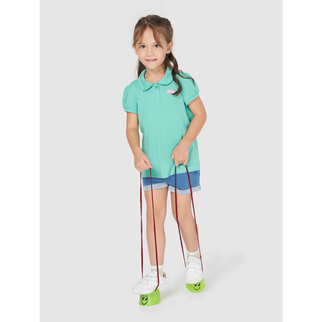 Áo polo bé gái  CANIFA cotton cổ tròn bẻ tay cộc nhún hình in nhỏ dễ thương - 1TP21S002