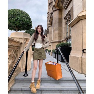 SET ÁO CROPTOP CHÂN VÁY TAY DÀI NUDE ÁO TRẮNG BA LỖ LÓT CHÂN VÁY RÊU TÚI HỘP DẠO PHỐ CAO CẤP BIGSIZE
