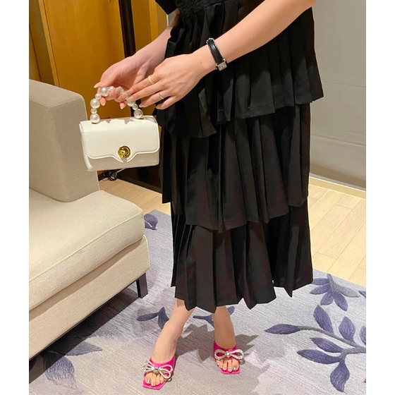 Guốc mùa hè phong cách đính kim cương nơ mũi vuông gót trong suốt cao  cho nữ 2023