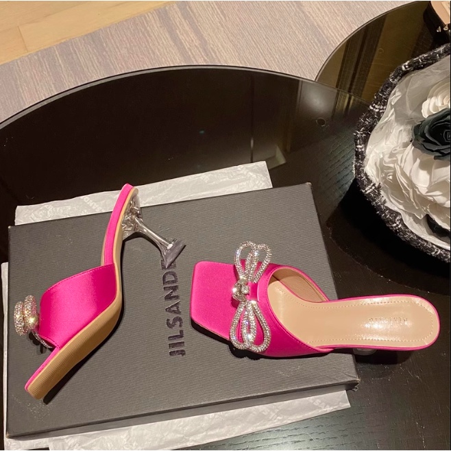 Guốc mùa hè phong cách đính kim cương nơ mũi vuông gót trong suốt cao  cho nữ 2023