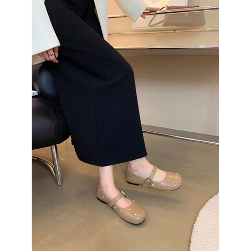 Giày Mary Jane mũi tròn đính đá đế bằng, giày bệt búp bê quai ngang mới mùa thu 2023 dành cho nữ