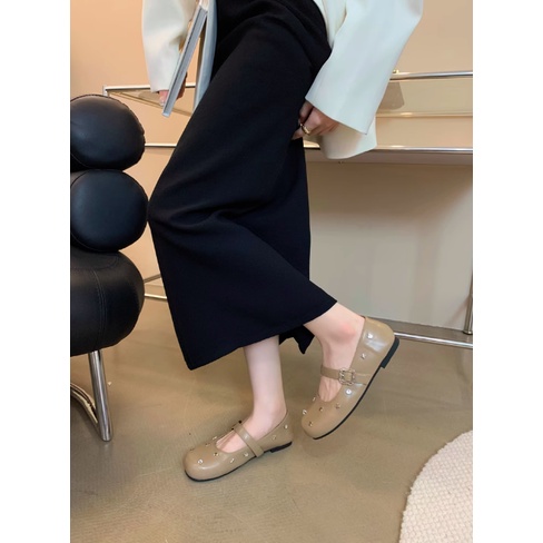 Giày Mary Jane mũi tròn đính đá đế bằng, giày bệt búp bê quai ngang mới mùa thu 2023 dành cho nữ