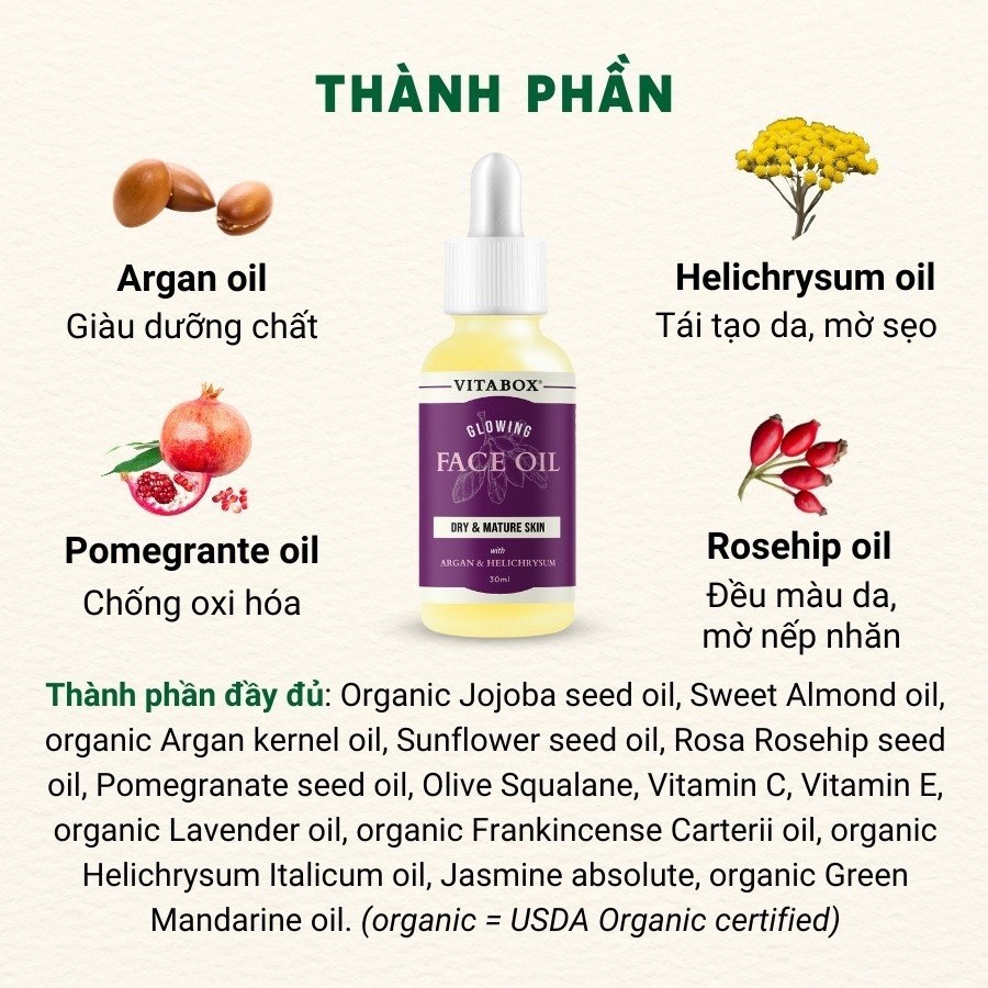 Dầu dưỡng cho da khô, lão hóa VITABOX Glowing Face Oil - giúp da căng mịn đều màu mờ nếp nhăn - 30mL