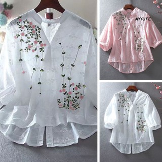 Áo Sơ Mi Tay Lửng 3 / 4 Cổ Chữ v Thêu Hoa Phong Cách retro Thời Trang Cho Nữ