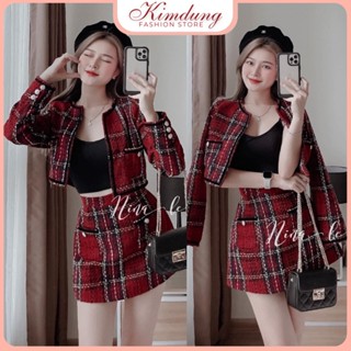 [ FREE SHIP ] SET VÁY DẠ TWEED KẺ ĐỎ QC SIÊU HOT  2 Lớp Ulzzang Hàn Quốc, Sét Đồ Nữ Mùa Đông
