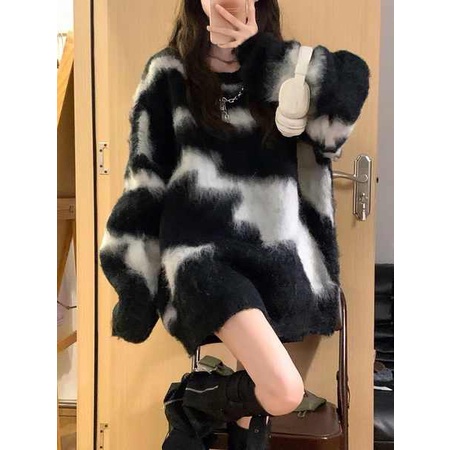 Đen Áo sweater Dáng Rộng Phối Màu Tương Phản Cá Tính Cho Nữ Mùa Thu Đông