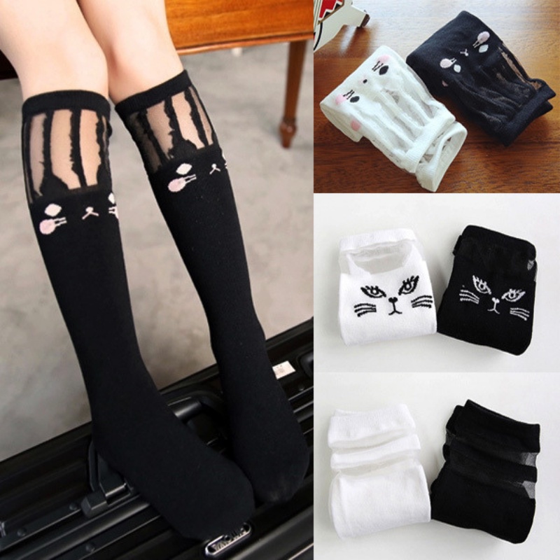 Vớ Tất Len Cotton Dài Đến Đầu Gối, Họa Tiết Mèo Dễ Thương Phối Gen Cho Bé Gái - FL33