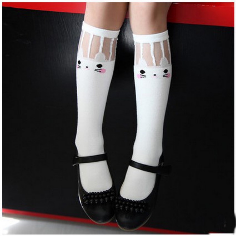 Vớ Tất Len Cotton Dài Đến Đầu Gối, Họa Tiết Mèo Dễ Thương Phối Gen Cho Bé Gái - FL33