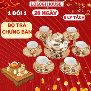 Bộ ấm chén uống trà 6 tách kèm 7 dĩa sang trọng hoa văn nhũ vàng hoàng gia cao cấp