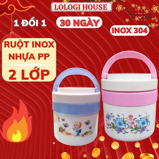 Hộp đựng cơm giữ nhiệt 2 ngăn ruột inox dung tích 1300ml nắp đậy kín và có quai xách