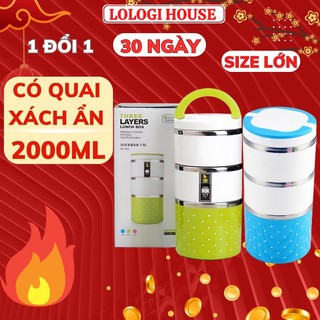 Hộp đựng cơm giữ nhiệt 3 ngăn inox 2 lớp dung tích 2000ml có nắp đậy kín , hỗ trợ giữ nhiệt , quai xách chắc chắn