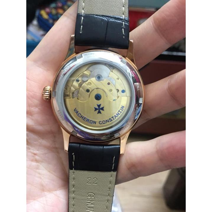 Đồng hồ Nam VCR cơ tự động 6kim máy Nhật trăng sao size 40-41 kim xanh vỏ trắng vỏ vàng dây da