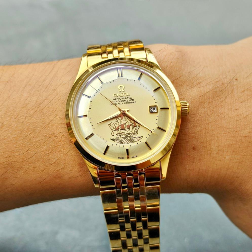 Đồng hồ Nam Omg bát quái  vỏ vàng ta mặt trắng dòng cơ Automatic size 40mm kim loại