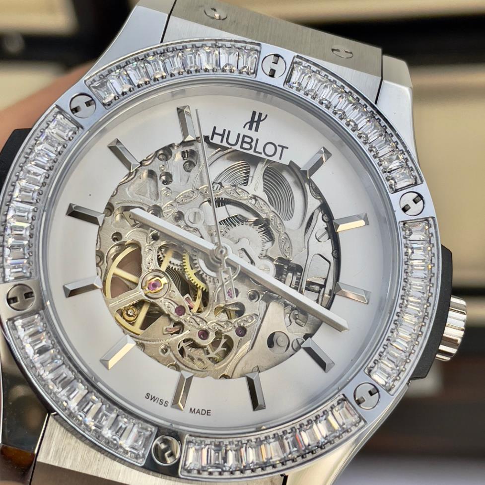 Đồng hồ NamHB tọa độ 3kim mặt trắng hở  máy nhật dòng cơ Automatic -42mm dây kim cau su