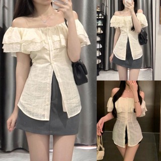 Áo trễ vai phối bèo tay ngắn,áo sơ mi kiểu nữ bánh bèo thiết kế trễ vai chất đũi gân A818 SUTANO Na Na
