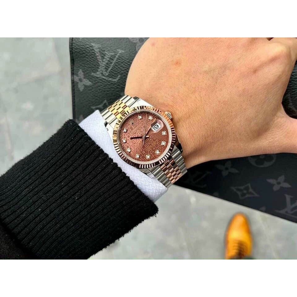 Đồng hồ Nam Rolex 3kim 1 lịch mặt cafe vi tính chạy cơ Automatic size- 38mm- 41mm vỏ vàng hồng