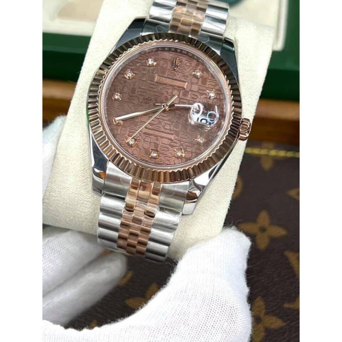 Đồng hồ Nam Rolex 3kim 1 lịch mặt cafe vi tính chạy cơ Automatic size- 38mm- 41mm vỏ vàng hồng