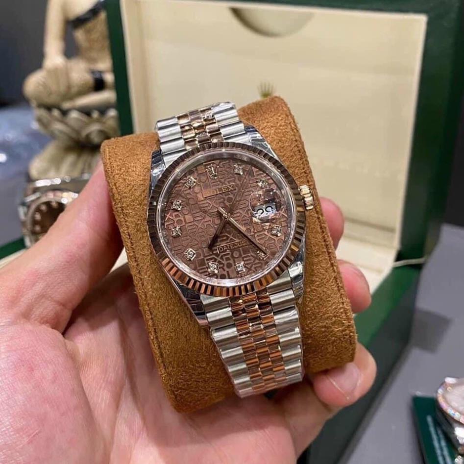 Đồng hồ Nam Rolex 3kim 1 lịch mặt cafe vi tính chạy cơ Automatic size- 38mm- 41mm vỏ vàng hồng