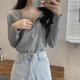 Jiashucheng Áo Thun Tay Dài Cổ Chữ v Màu Xám Thời Trang Mùa Thu Cho Nữ
