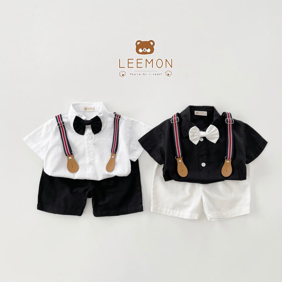 Bộ sơ mi công tử cho bé trai phong cách Hàn Quốc, bộ sơ mi kèm nơ và dây đai sành điệu cho bé HANG kids