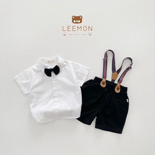 Bộ sơ mi công tử cho bé trai phong cách Hàn Quốc, bộ sơ mi kèm nơ và dây đai sành điệu cho bé HANG kids
