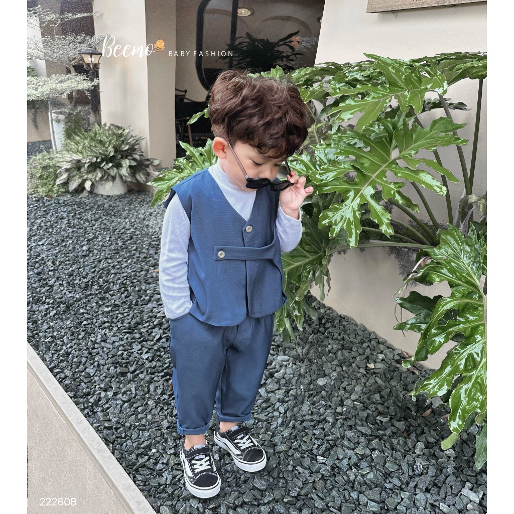 Bộ vest gile khuy chéo cá tính bé trai, set gile vest kèm áo tăm cho bé trai Beemo HANG kids
