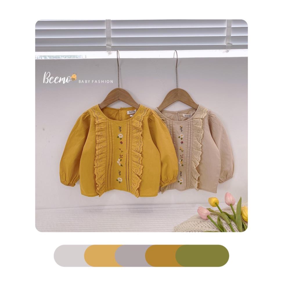 Áo sơ mi thêu hoa dài tay cách điệu cho bé gái, áo thô thêu hoa phong cách vintage cá tính HANG kids